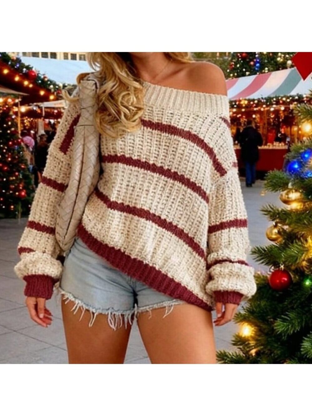 Red And White Casual Colorblock Women's Striped Loose Pullover Sweater - Picture 9 of 11